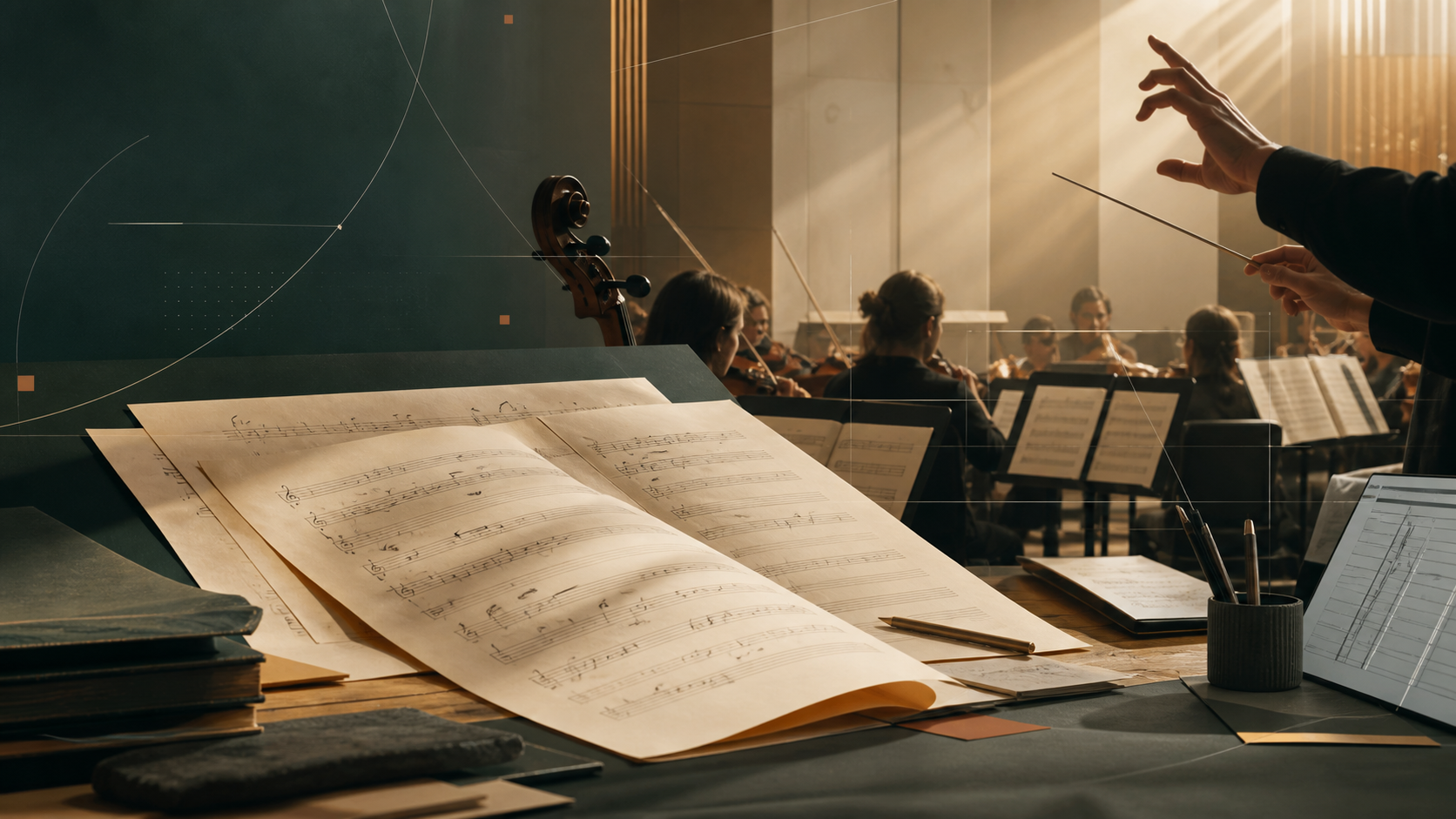 Une partition ouverte au premier plan, un orchestre en répétition et le geste d'un chef devant des pupitres numériques.