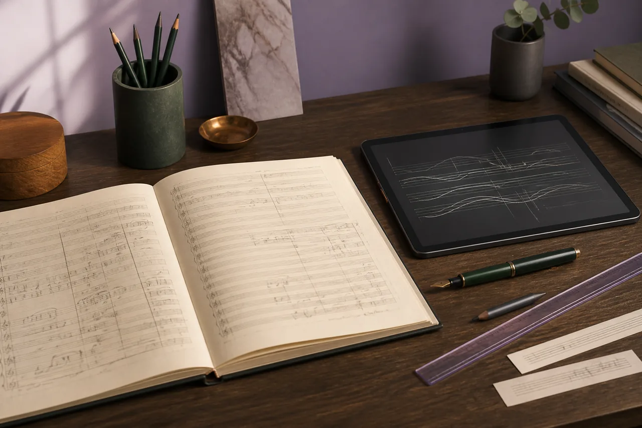 Bureau de composition avec partition manuscrite, tablette musicale et outils d’écriture